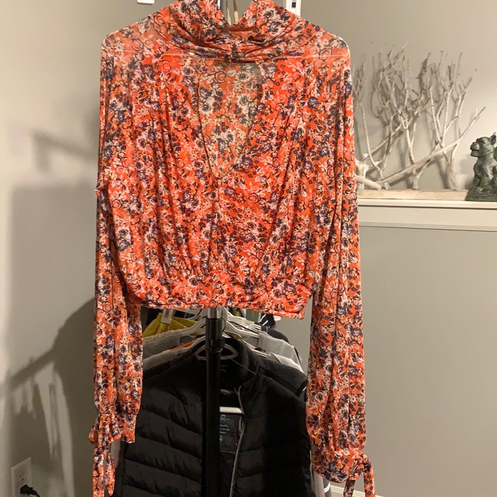 Free People Orange Crop Long-Sleeve Sheer Top M